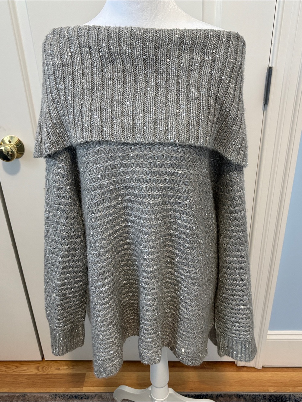 Chico's Silver Metallic Off-the-Shoulder Knit Sweater